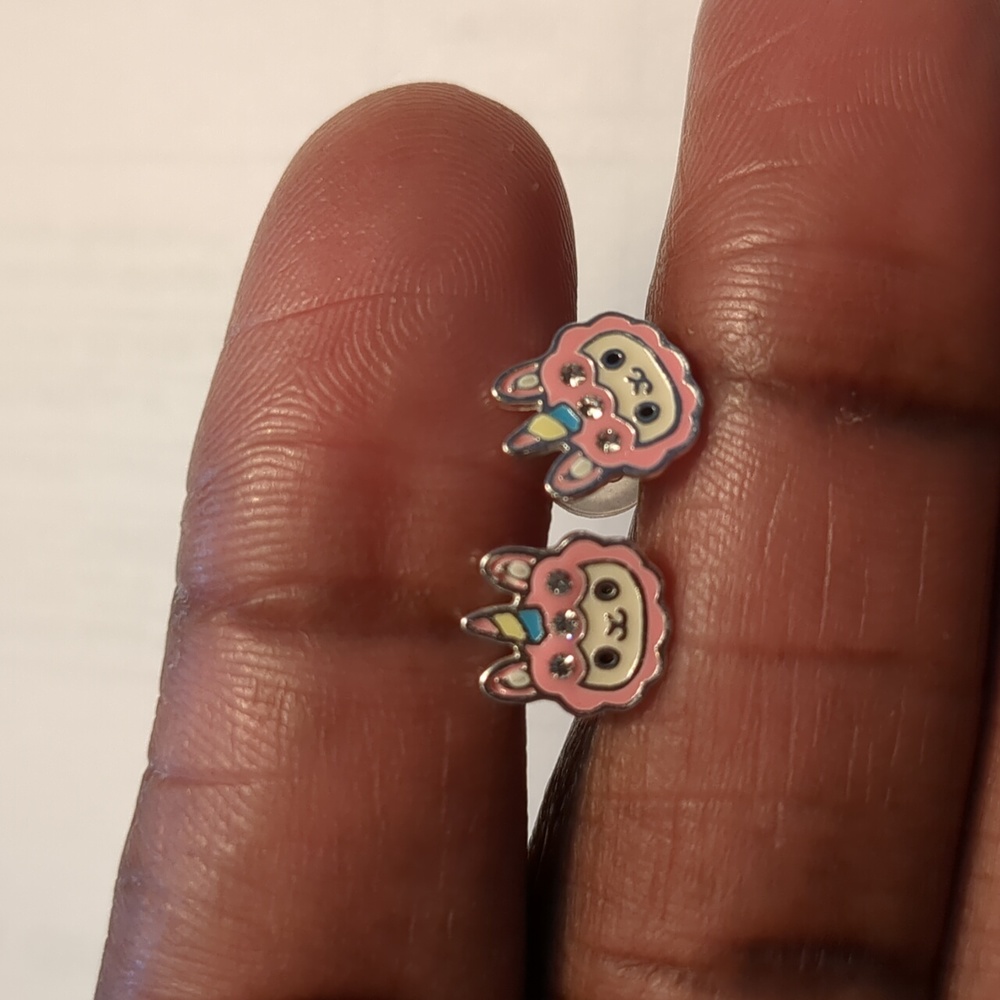 Premium Children's Silver Llama Unicorn Ear Studs with Crystal and Epoxy